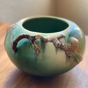 Roseville Pottery Pinecone Pattern Rose Bowl Vase Twig Handle 278 4 Jardiniere
